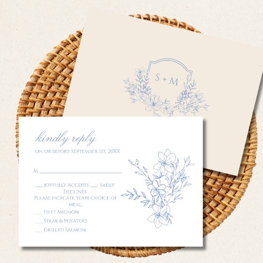Carte RSVP florale en crête monogramme bleu poussi