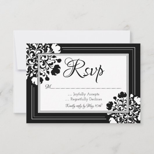 Carte RSVP florale noire et blanche élégante (Devant)