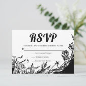 Carte RSVP florale noire, fleurs blanches (Debout devant)