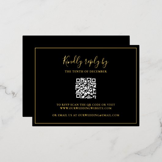 Carte RSVP Foil Mariage de code QR noir traditionn (Recto/Verso)