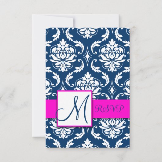 Carte RSVP Fuchsia Navy Blue Damask Monogramme (Devant)
