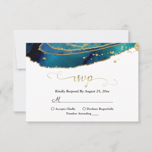 Carte RSVP Géode doré Turquoise Aquarelle moderne (Devant)