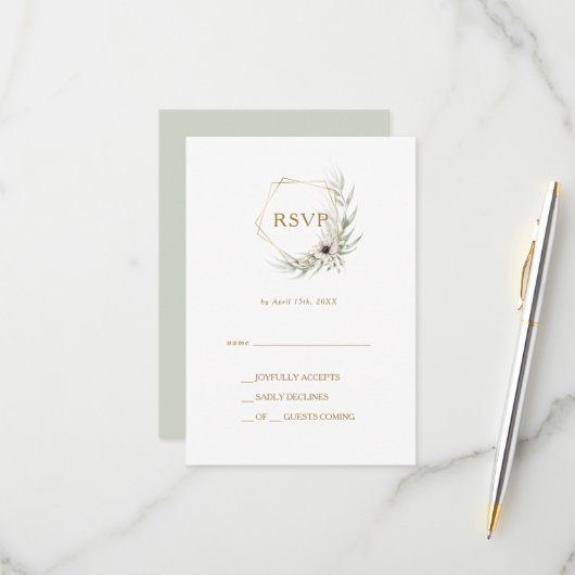 Carte RSVP géométrique Eucalyptus Gold (Devant/Arrière en situation)