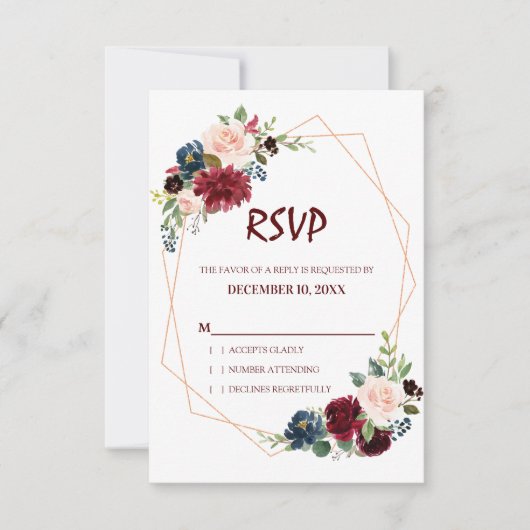 Carte RSVP géométrique Floral de la Marine Rouge d (Devant)