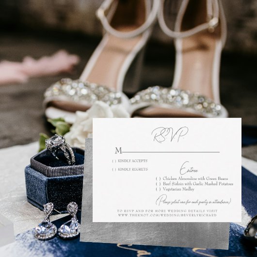 Carte RSVP Glam White & Silver Wedding