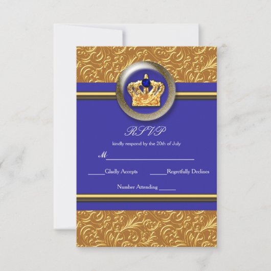Carte RSVP Gold & Royal Blue Crown Elegant Event (Devant)
