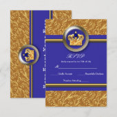 Carte RSVP Gold & Royal Blue Crown Elegant Event (Devant / Derrière)