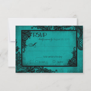 Carte RSVP gothique en dentelle turquoise et noire