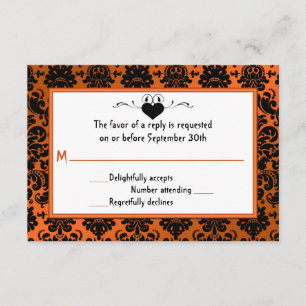 Carte RSVP gothique orange et noir Damas