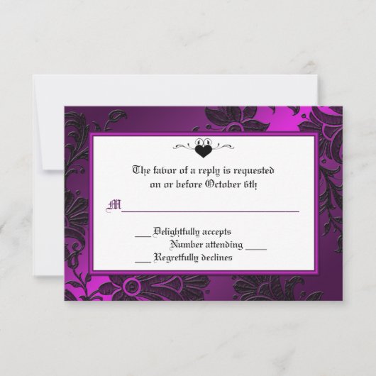Carte RSVP Gothique Violet, Noir et Blanc Floral (Devant)