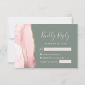 Carte RSVP Gravée Rose Or Agate Sage Vert Mariage (Devant)