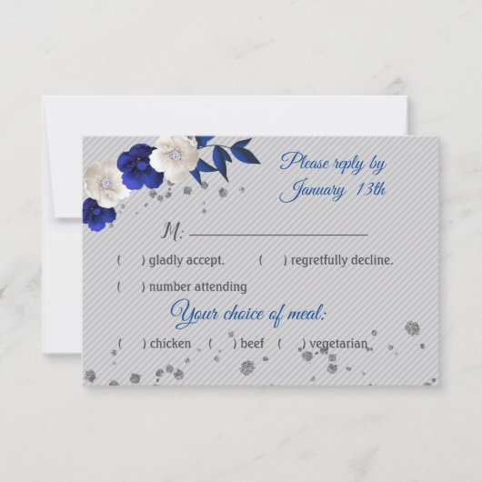 carte rsvp gris bleu royal fleurs blanches (Devant)