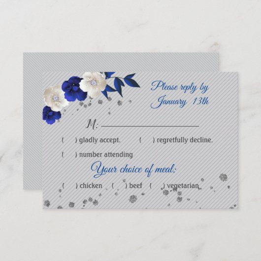 carte rsvp gris bleu royal fleurs blanches (Devant / Derrière)