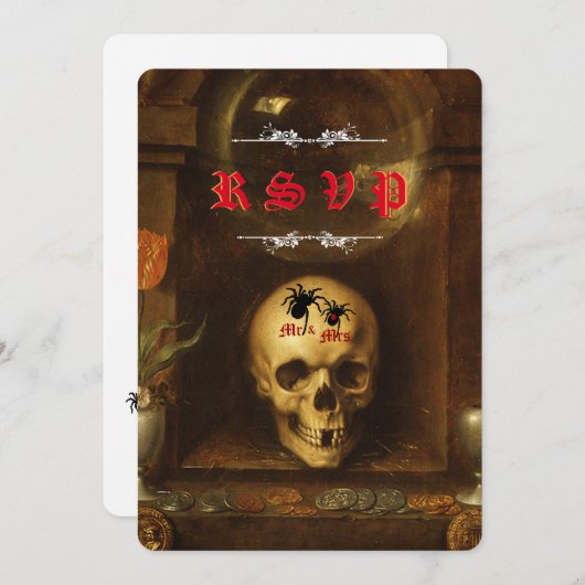Carte RSVP Halloween Mariage Goth, Crâne, Araignée (Devant / Derrière)