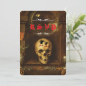 Carte RSVP Halloween Mariage Goth, Crâne, Araignée (Debout devant)