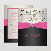 Carte RSVP IMPRIMÉE RIBBON Rose, Noir, Argent (Devant / Derrière)
