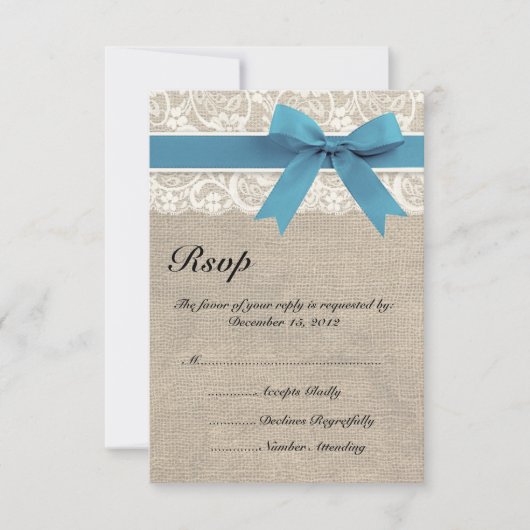 Carte RSVP ivoire et dentelle bleue et Burlap Look (Devant)