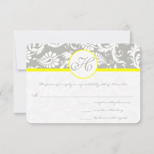 Carte RSVP Jaune et Gris Damas - Cloud Argent (Dos)