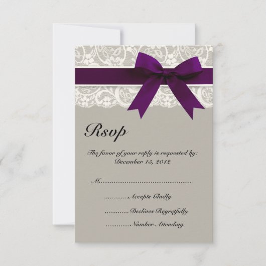 Carte RSVP Lace Ribbon Grey et Plum (Devant)