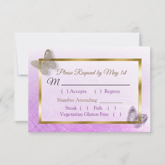 Carte RSVP Lavender Gold Striped Butterfly Wedding (Devant)