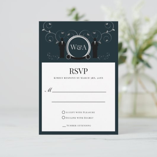 Carte RSVP LGBTQ pour Mariage masculin Silver Blue (Debout devant)