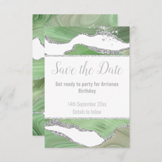 CARTE RSVP LUXE MARBRE ARGENT VERT RÉPONSE (Devant / Derrière)