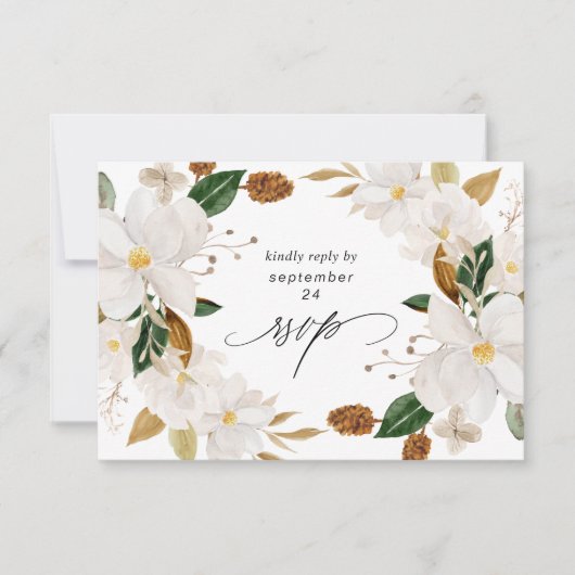 Carte RSVP Magnolia Floral blanc w Repas (Devant)