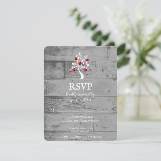 Carte RSVP mariage Arbre rouge des coeurs (Debout devant)