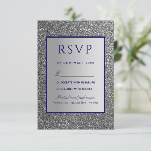 Carte RSVP mariage bleu argent (Debout devant)