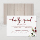 Carte RSVP Mariage Bourgogne Floral Rustique Bois (Devant / Derrière)