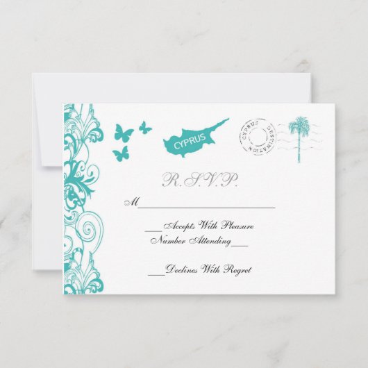 Carte RSVP Mariage Chypre En Aqua Et Blanc (Devant)