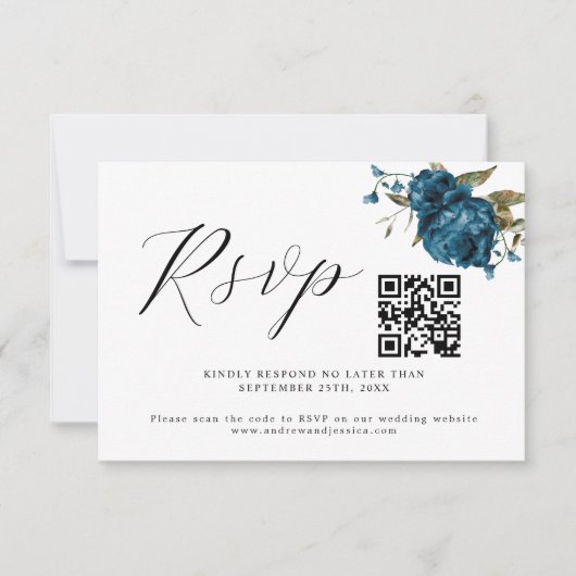 Carte RSVP Mariage couleur bleu marine Code QR (Devant)