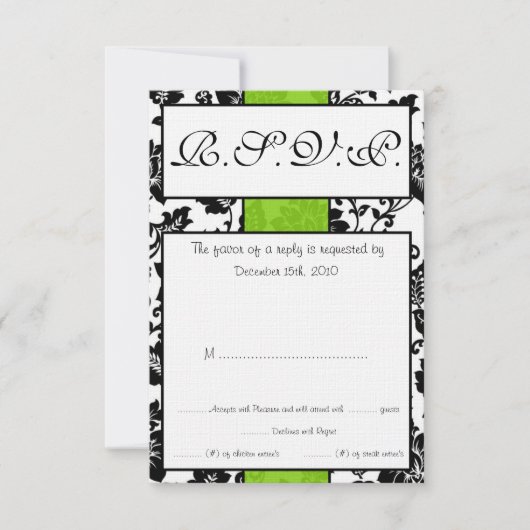 Carte RSVP Mariage damassé Flore Vert Noir/Lime (Devant)