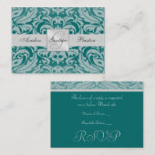 Carte RSVP Mariage damassé Silver & Turquoise Mono (Devant / Derrière)