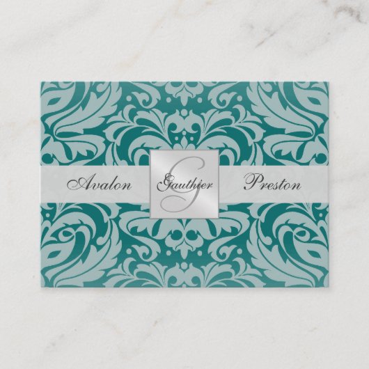 Carte RSVP Mariage damassé Silver & Turquoise Mono (Devant)