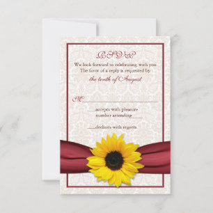 Carte RSVP Mariage damassé Sunflower Red Ribbon