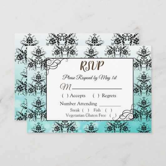 Carte RSVP Mariage damassé Turquoise et noire (Devant / Derrière)