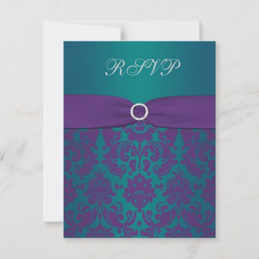 Carte RSVP Mariage damassé Turquoise et violette (Devant)