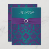 Carte RSVP Mariage damassé Turquoise et violette (Devant / Derrière)