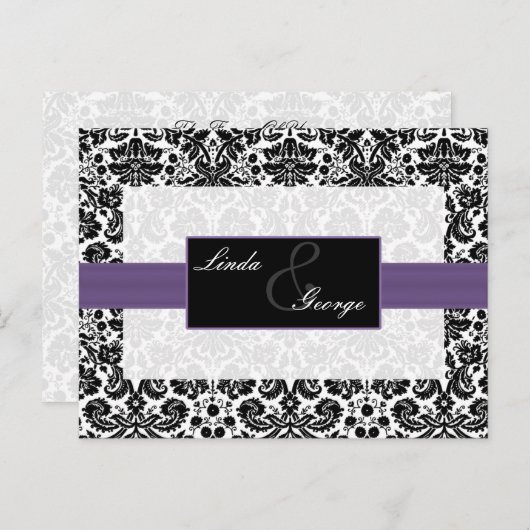 carte rsvp mariage damassé violet (Devant / Derrière)