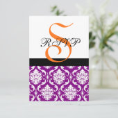 Carte RSVP Mariage damassé violet | Monogramme ora (Debout devant)