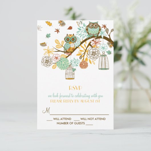 Carte RSVP Mariage de automne de Chouettes rétro c (Debout devant)