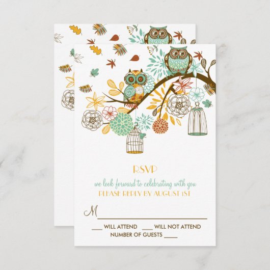 Carte RSVP Mariage de automne de Chouettes rétro c (Devant / Derrière)