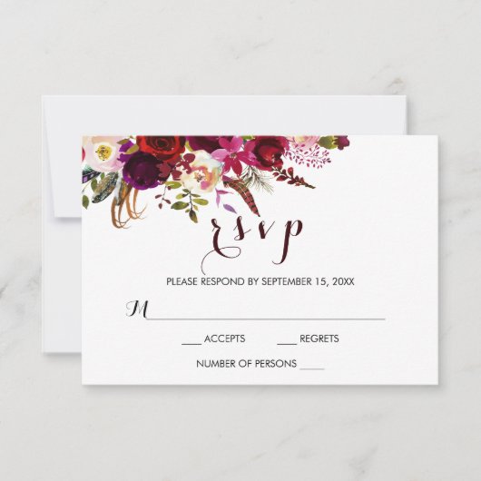 Carte RSVP Mariage de automne Floral Bourgogne (Devant)
