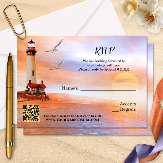 Carte RSVP Mariage de phare de plage artistique
