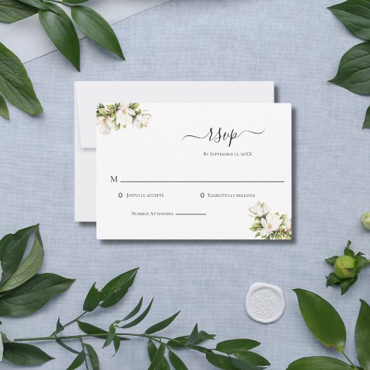 Carte RSVP Mariage Elégante Magnolias Blanc
