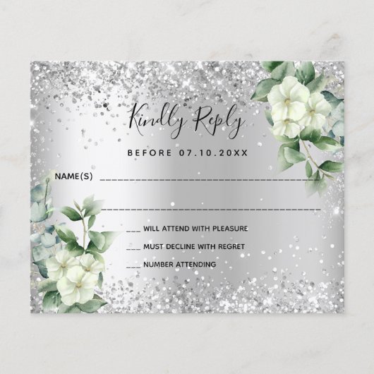 Carte RSVP mariage eucalyptus aux fleurs blanches (Devant)