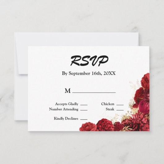 Carte RSVP Mariage Floral Rouge Et Or (Devant)