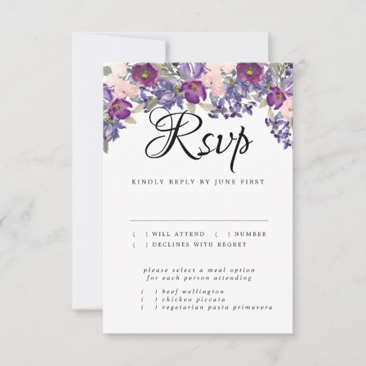 Carte RSVP Mariage Floral violet avec choix de rep (Devant)