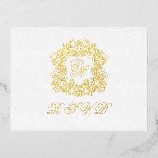Carte RSVP Mariage Gold Foil Monogram Crest Menu (Recto)